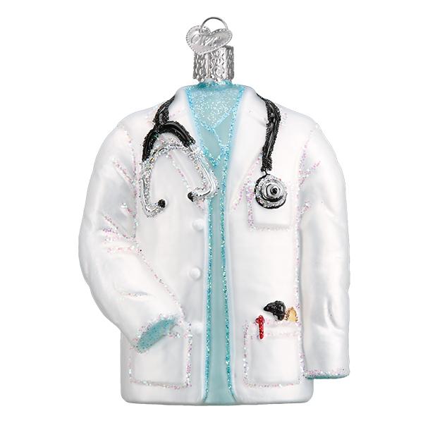 Glass Christmas ornament shaped like a white doctor's lab coat with a black stethoscope.