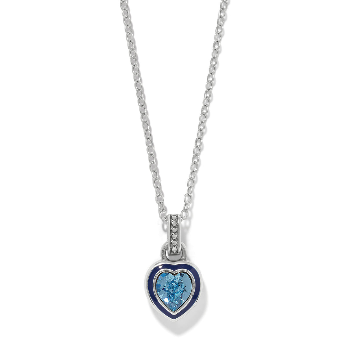 Halo Gemma Petite Heart Necklace featuring a silver-plated chain and an aqua crystal heart pendant.