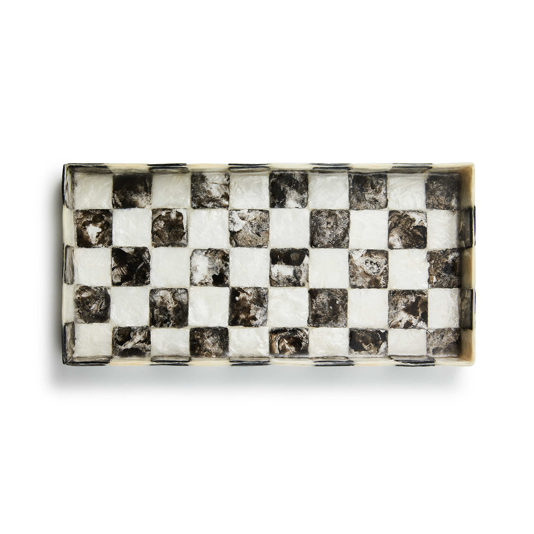 Courtly Check Capiz vanity tray with a natural shell material featuring a checkered pattern and curved silhouette.