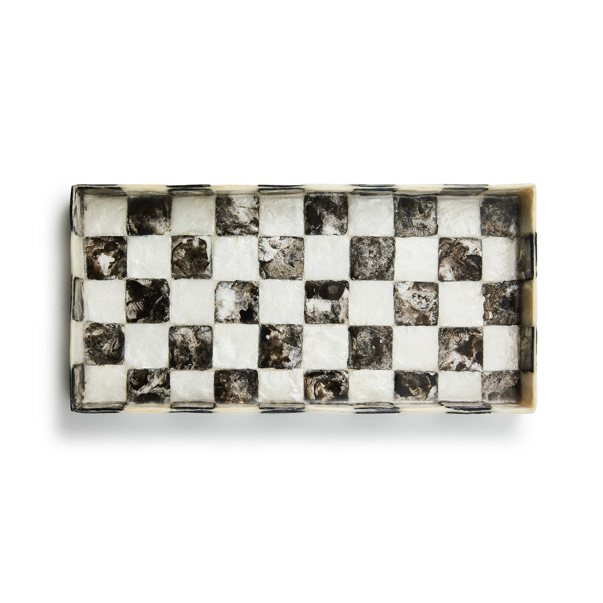 Courtly Check Capiz vanity tray with a natural shell material featuring a checkered pattern and curved silhouette.