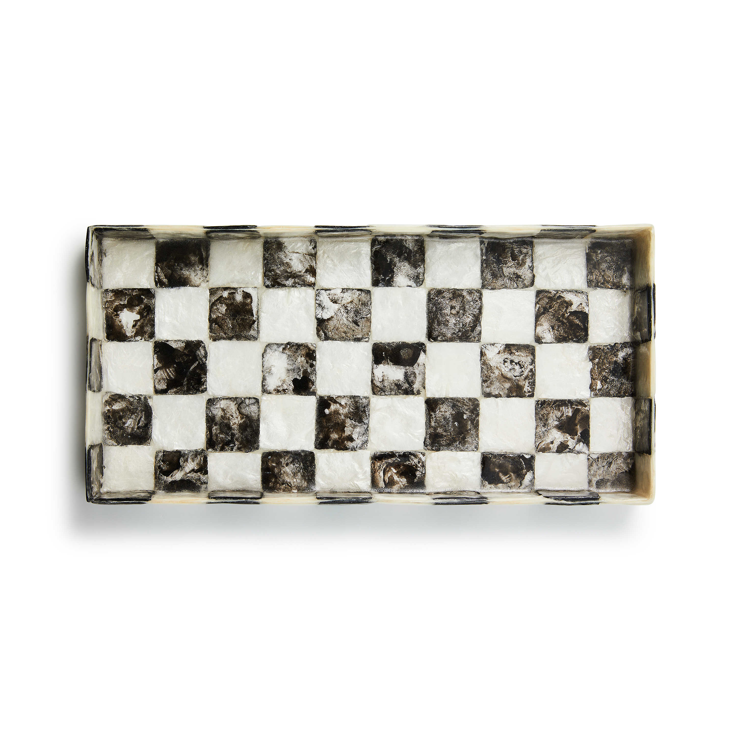 Courtly Check Capiz vanity tray with a natural shell material featuring a checkered pattern and curved silhouette.