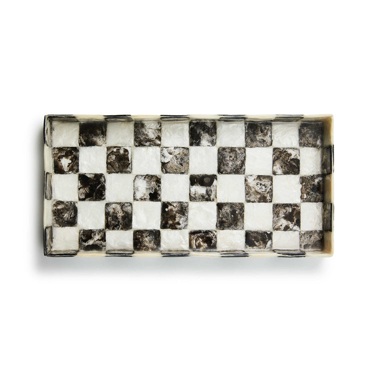 Courtly Check Capiz vanity tray with a natural shell material featuring a checkered pattern and curved silhouette.