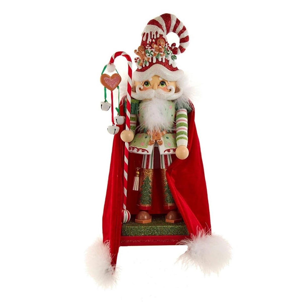 15-inch Hollywood Gingerbread Candy Santa Nutcracker with a red velvet cape and candy cane staff.