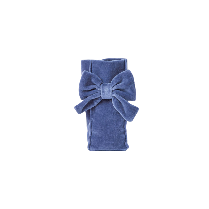 Blue cotton velvet standing eyeglass holder with a large decorative bow accent.