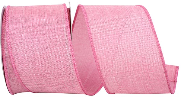 Pink linen ribbon with wired edge, 2-1/2 inches wide.