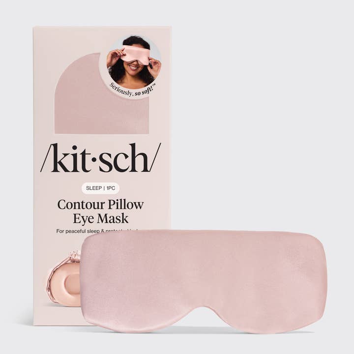 Blush satin eye mask with ruched elastic band blocking light