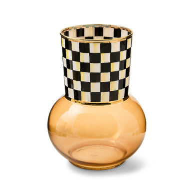 Hand-painted glass check vase with a geometric square pattern in neutral tones.