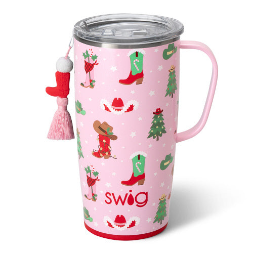Silver stainless steel travel mug with a slim handle, silicone base, and removable lid slider.