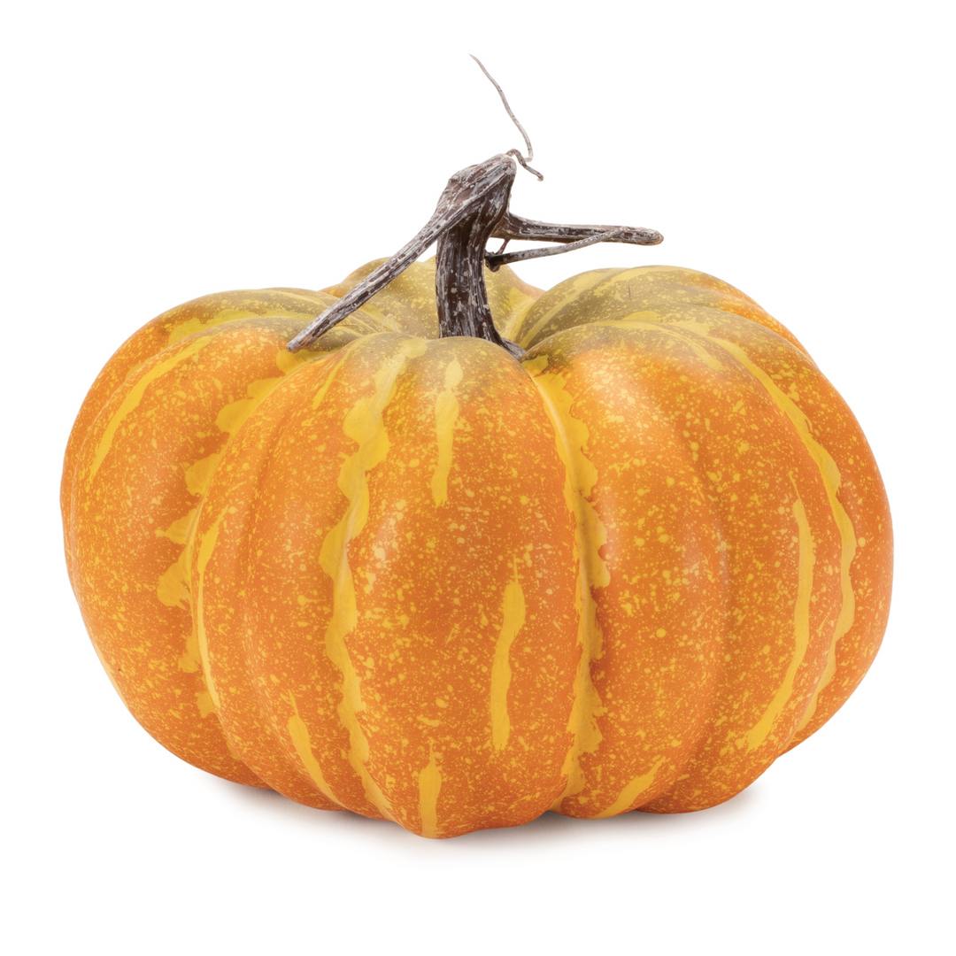 Orange and yellow speckled decorative pumpkin with a brown stem on a white background.