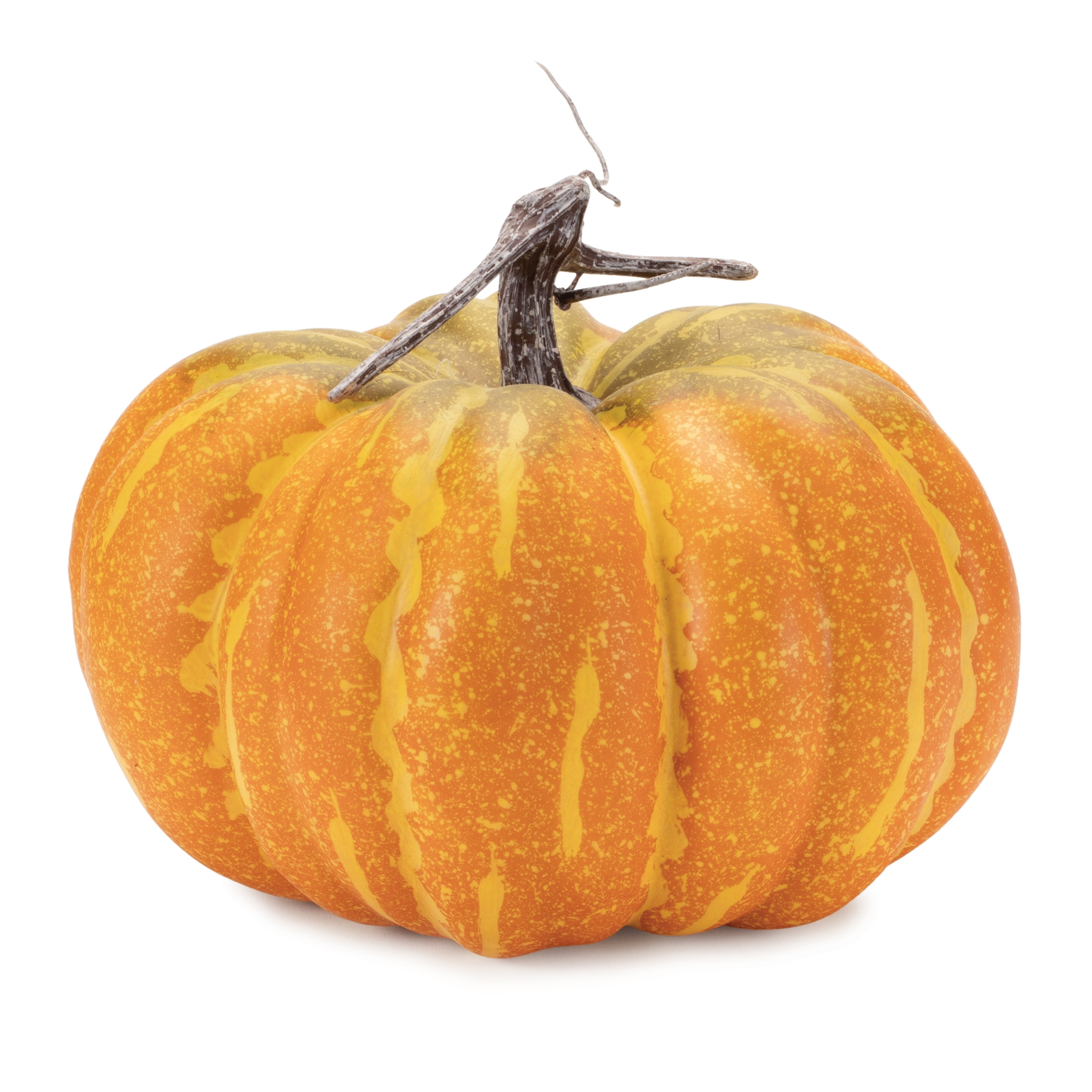 Orange and yellow speckled decorative pumpkin with a brown stem on a white background.