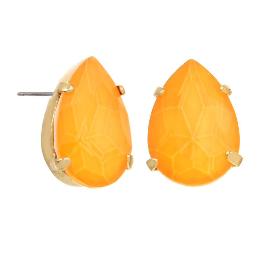 Pair of orange pear-shaped stud earrings with gold prong settings and faceted detail.