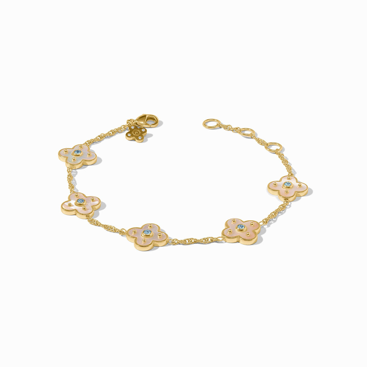 Adjustable Colette delicate bracelet featuring a mother-of-pearl charm with CZ accents and gold plating.
