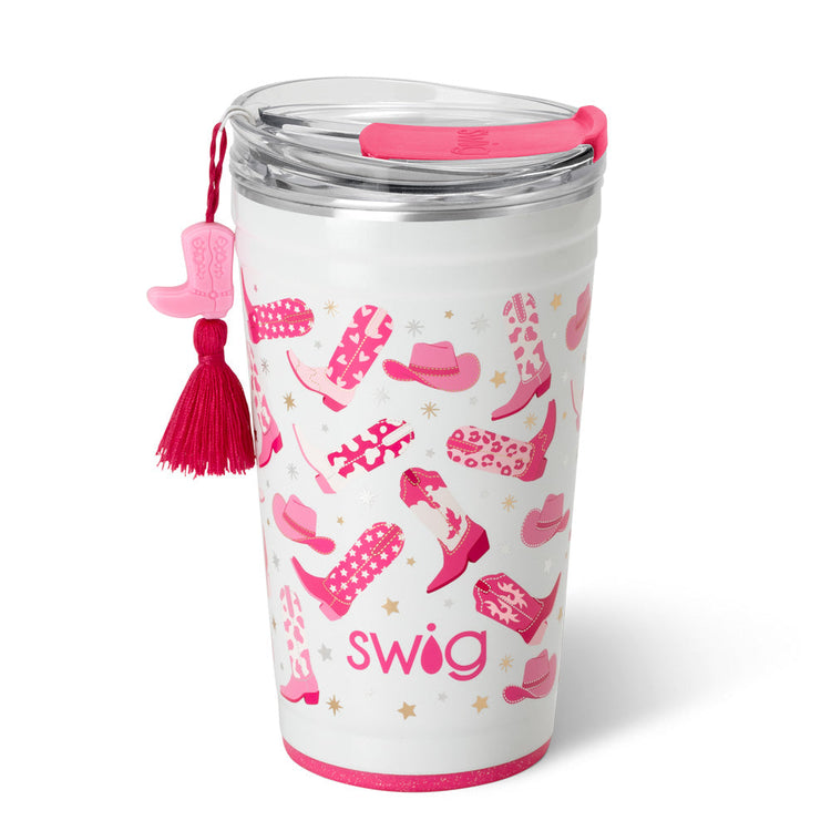 White 24oz insulated party cup with a pink cowboy boot and hat pattern and a pink boot tassel.