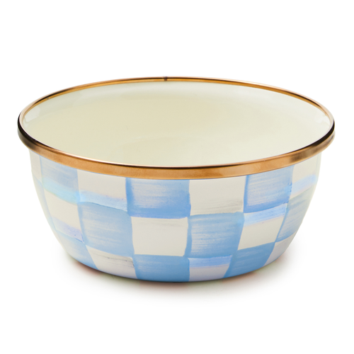 Hand-glazed steel pinch bowl with hand-painted Sky Blue Check pattern