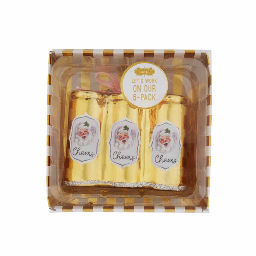 Set of three beer can ornaments in red, white, and blue with printed designs.