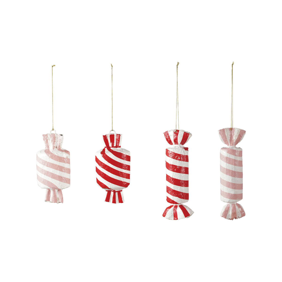 Four assorted red and pink striped paper mache candy ornaments with gold hanging strings.