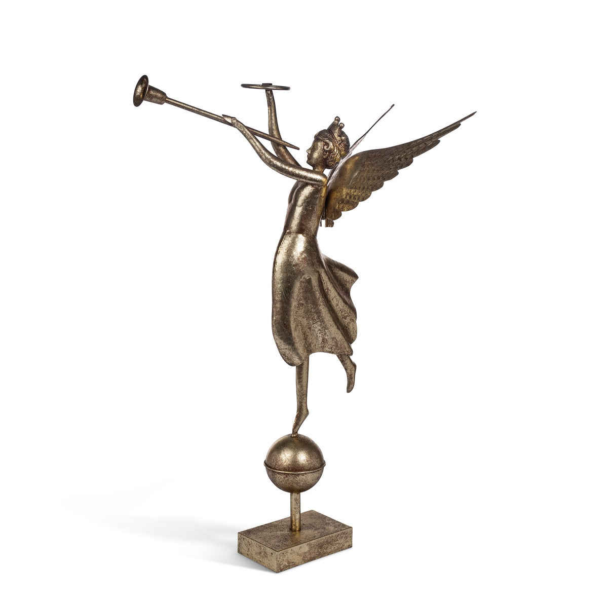 Black iron wall art sculpture shaped like an angel holding a trumpet.