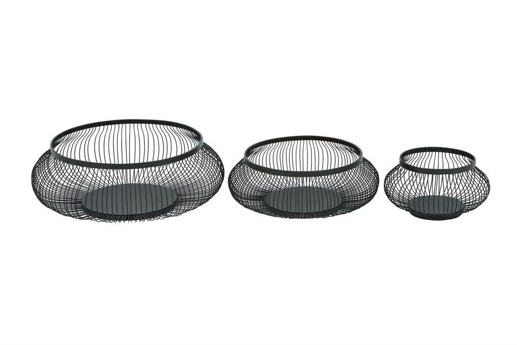 Medium round black metal wire basket with open weave design