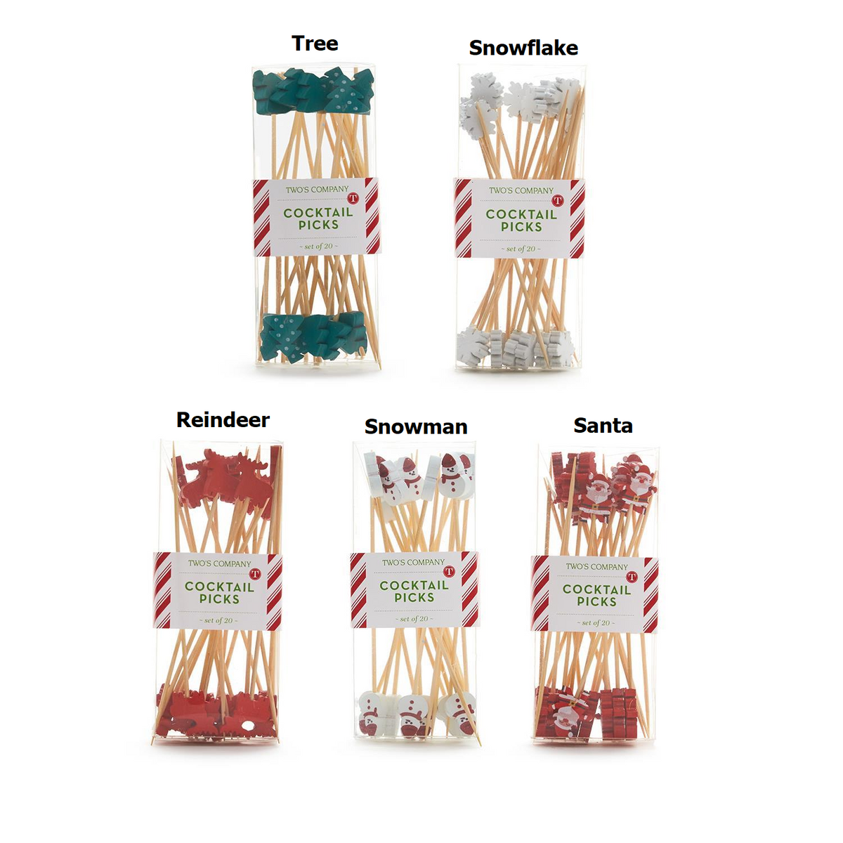 Five sets of holiday-themed bamboo cocktail picks: Tree, Snowflake, Reindeer, Snowman, and Santa.