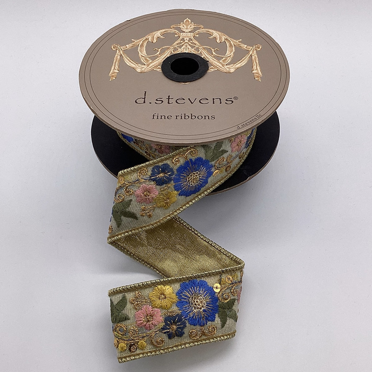 Five yards of dusty blue metallic dupion ribbon with pink yellow embroidered flowers