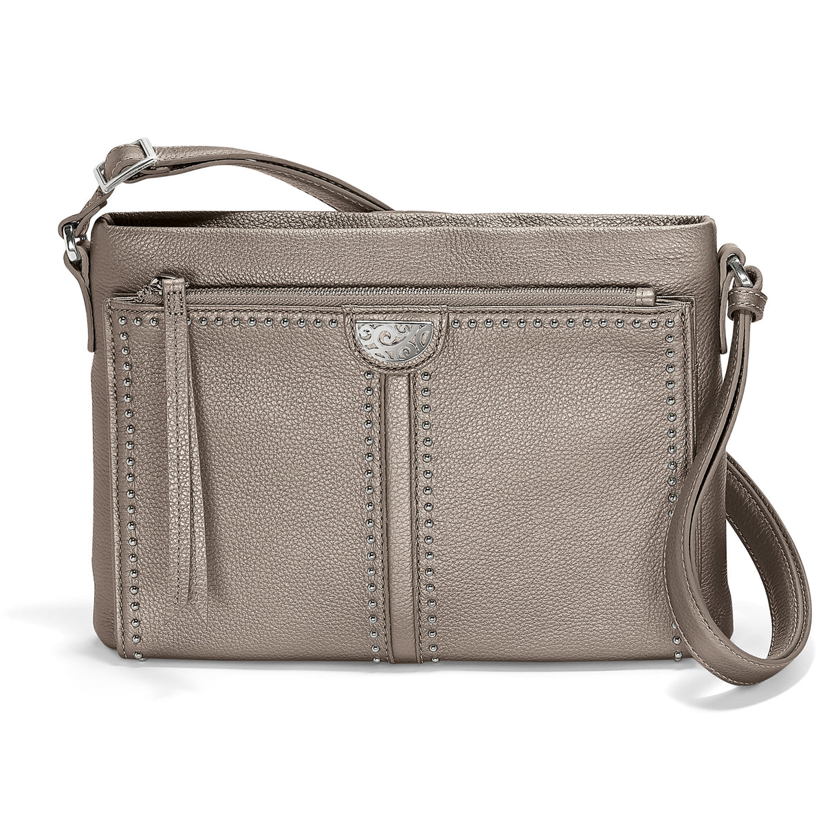 Zinc Pearl leather crossbody organizer with nailhead studs, zippered compartments, and exterior pockets.