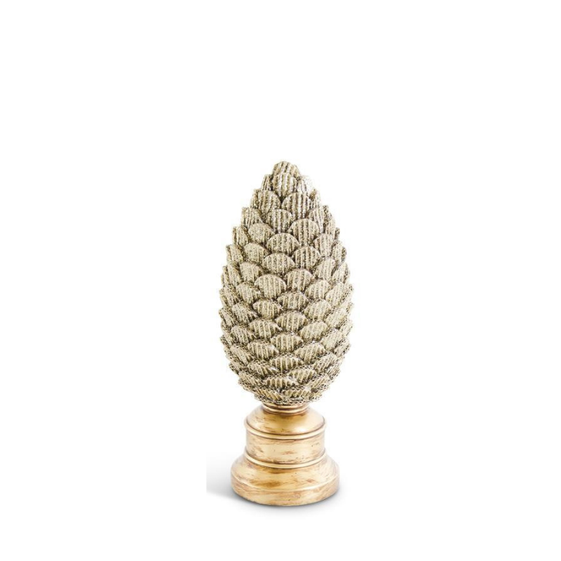 Scalloped gold glittered resin pinecone on a decorative pedestal base.
