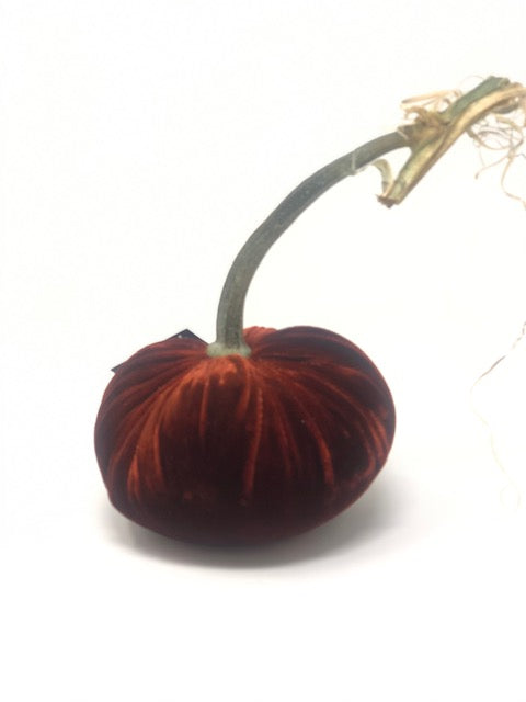 Handmade orange velvet pumpkin with a natural stem.