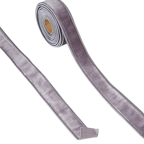 A spool of amethyst polyester wired velvet ribbon measuring one point five inches wide by ten yards long.