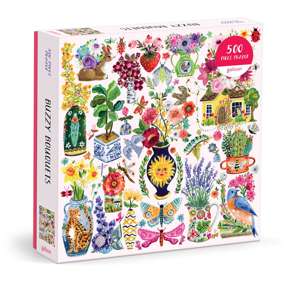 Buzzy Bouquets 500 piece puzzle featuring a whimsical floral and insect illustration on a pink background.