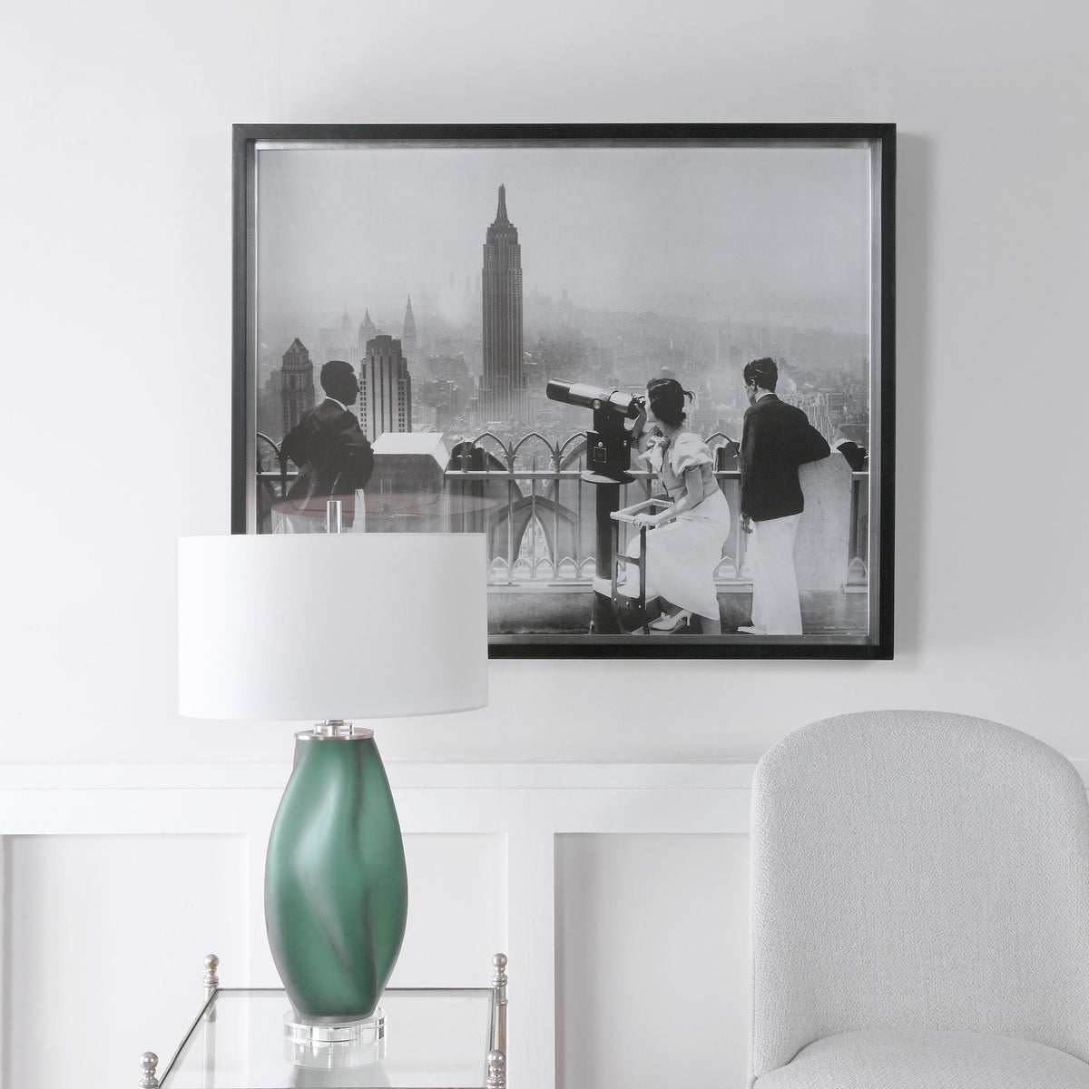 Vintage Manhattan skyline print on white paper with black ink lines.