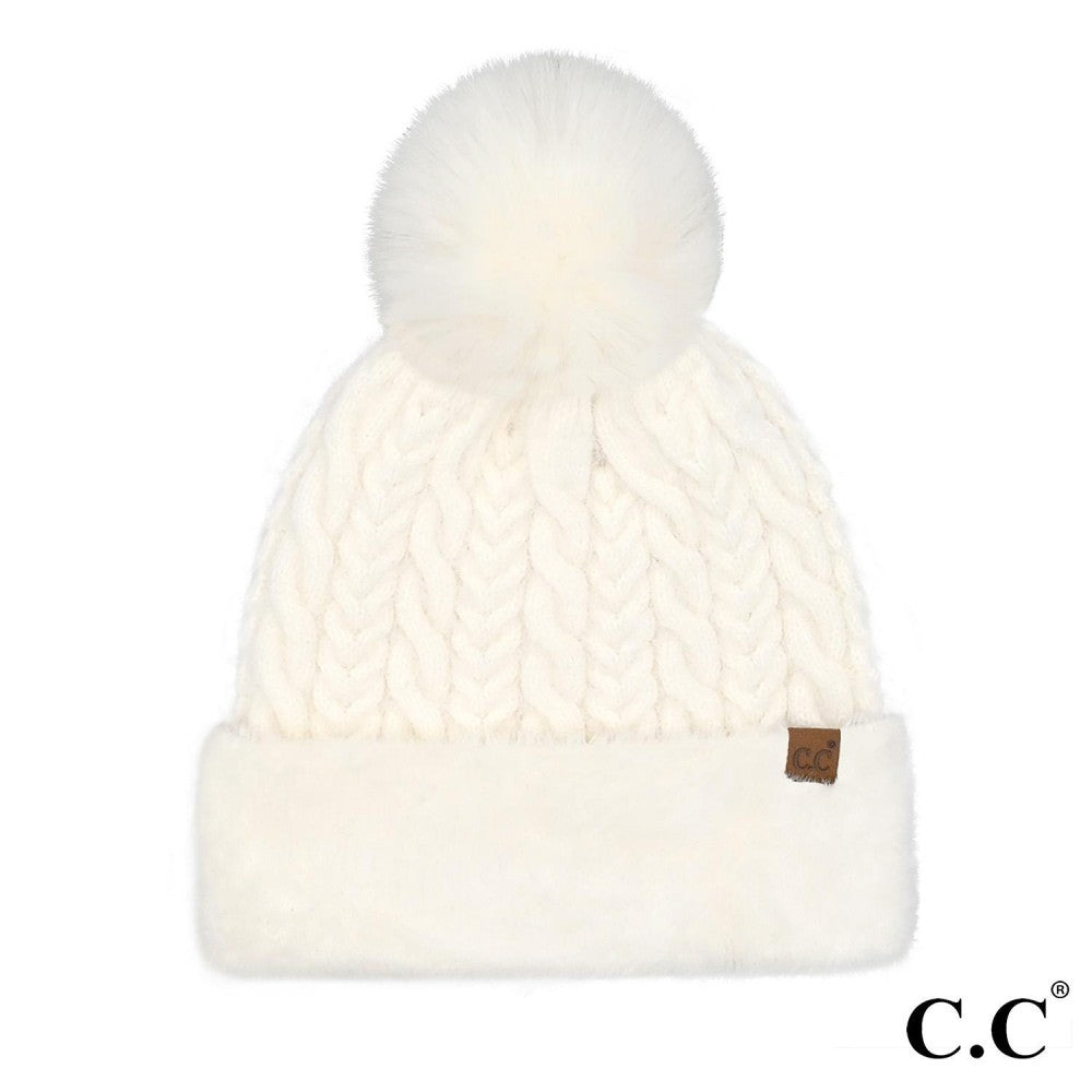 Cable knit beanie with faux fur cuff and pom in camel color
