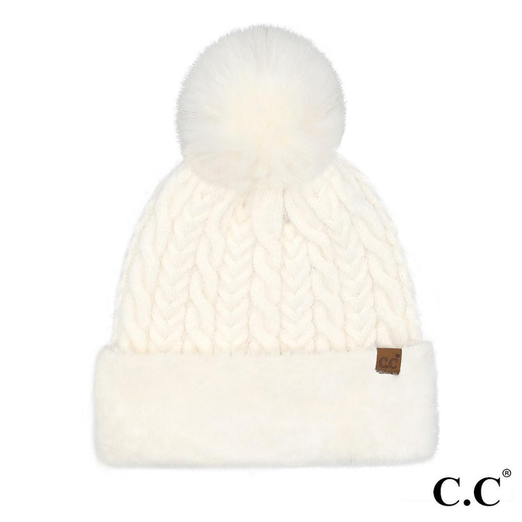 Cable knit beanie with faux fur cuff and pom in camel color
