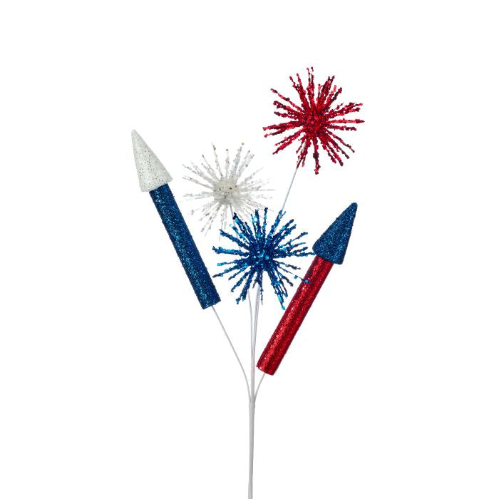 Fourth of July spray firework in red, white, and blue with a black handle.