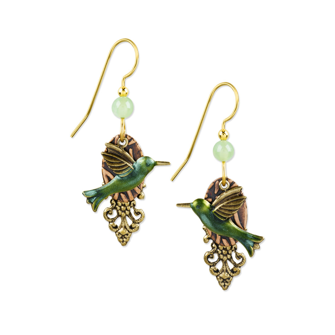 Hummingbird Flight Earrings with green bird charms, light green beads, and brass filigree accents.