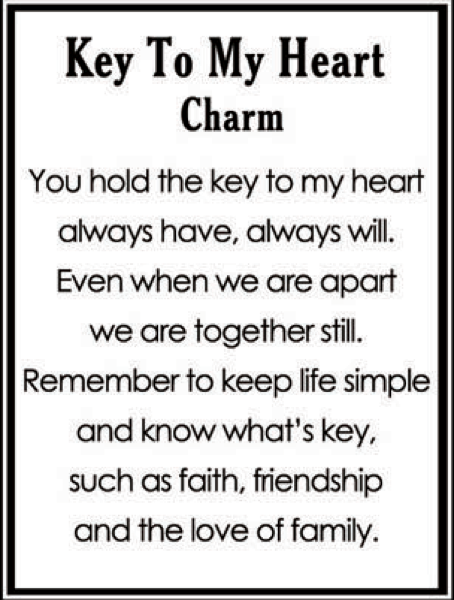 Key To My Heart Charm with poem about love, faith, friendship, and family.