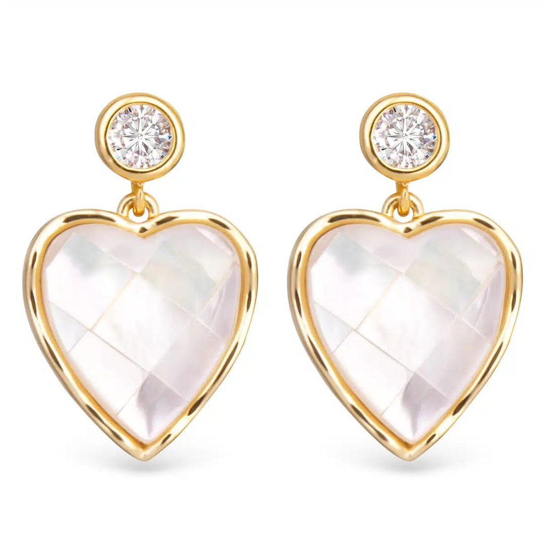Gold heart earrings with mosaic mother of pearl and a round CZ stud.