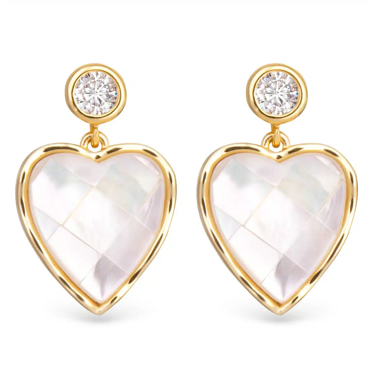 Gold heart earrings with mosaic mother of pearl and a round CZ stud.