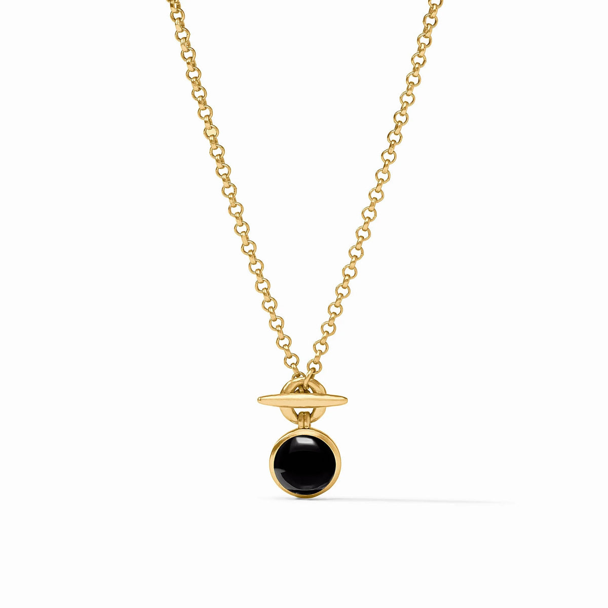Solara Solitaire Necklace featuring a gold chain and a round black glass pendant.