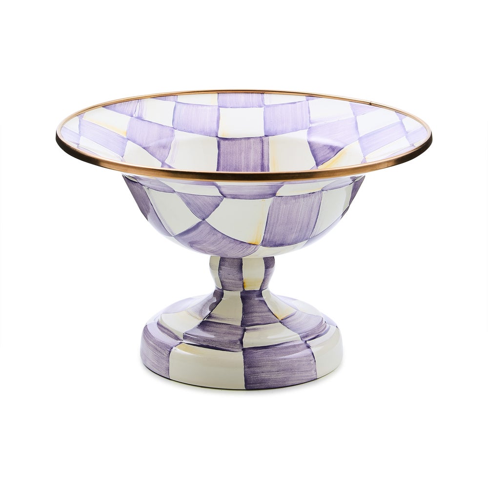 Hand-glazed steel compote with violet checkered pattern on a bronzed stainless rim.