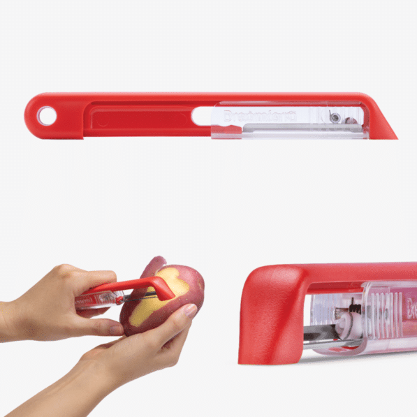 Red Sharple vegetable peeler with built-in sharpener, shown being used to peel a potato.