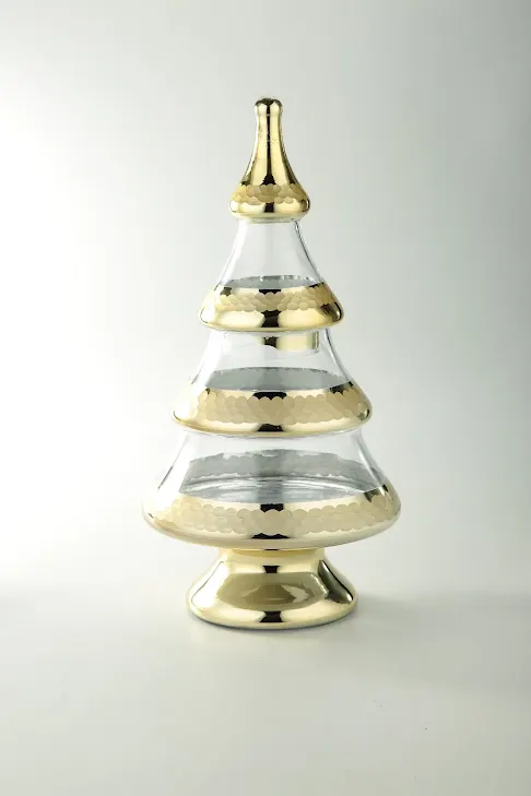 16-inch clear glass Christmas tree with gold-rimmed tiered layers and a gold pedestal base.