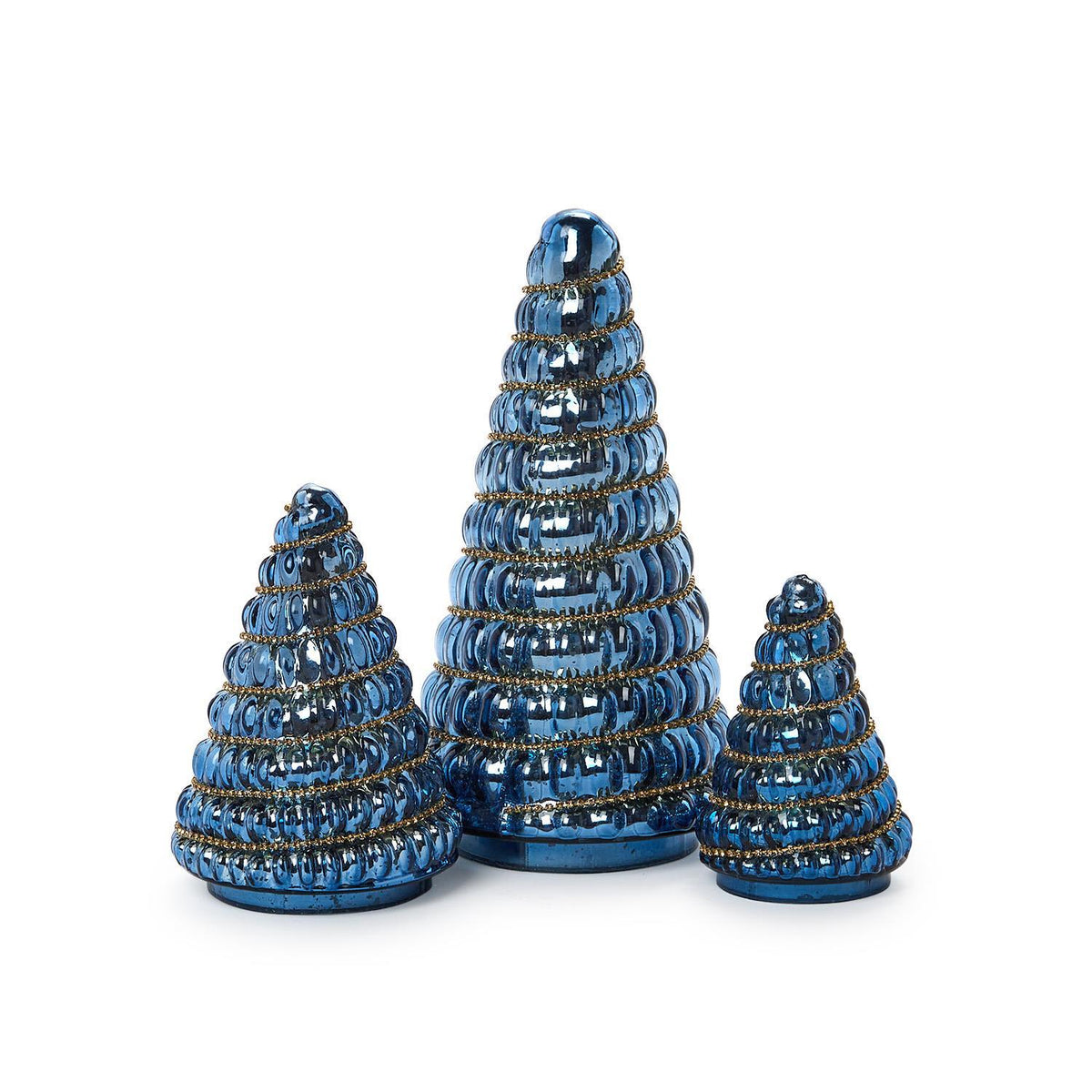 Set of three blue mercury glass Christmas trees with shimmering rhinestone garland accents.