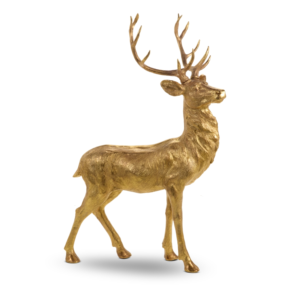 50-inch gold standing stag statue with large antlers on a white background.