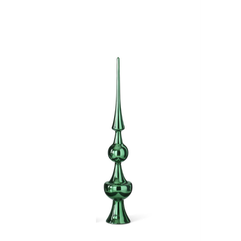 Tall green glass finial tree topper with a reflective metallic finish and tiered design.