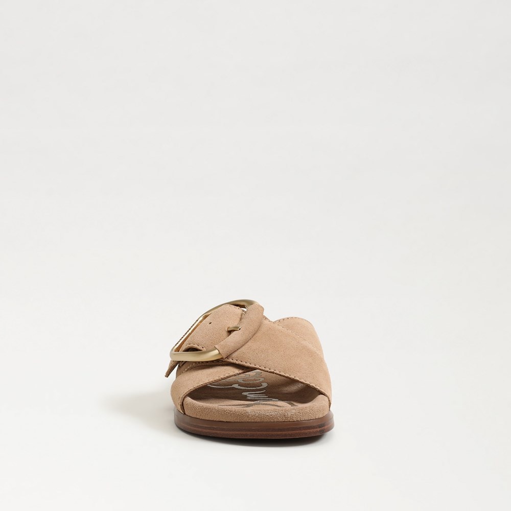 Darla Buckle Slide Sandal in tan leather with open toe and ankle strap