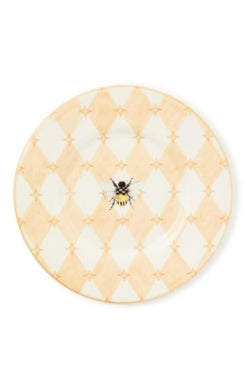 Queen Bee Salad Plate with a yellow and white harlequin pattern and a central bee motif.