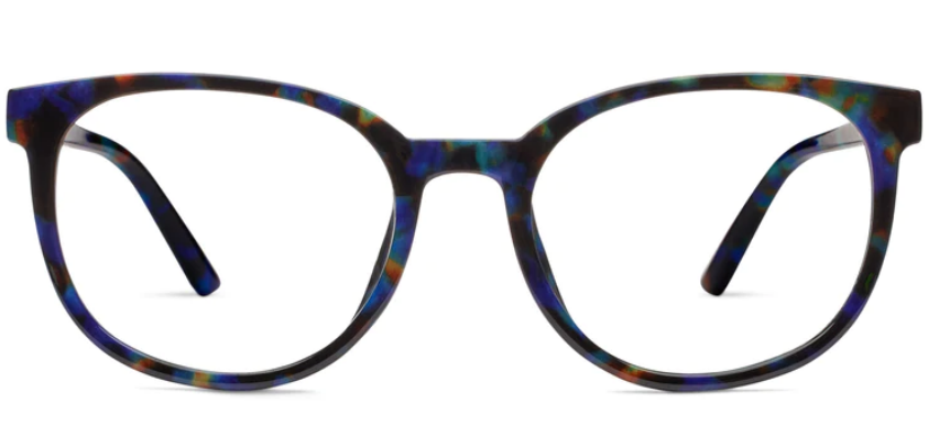 Round blue light glasses with wide frames featuring recycled polycarbonate material.