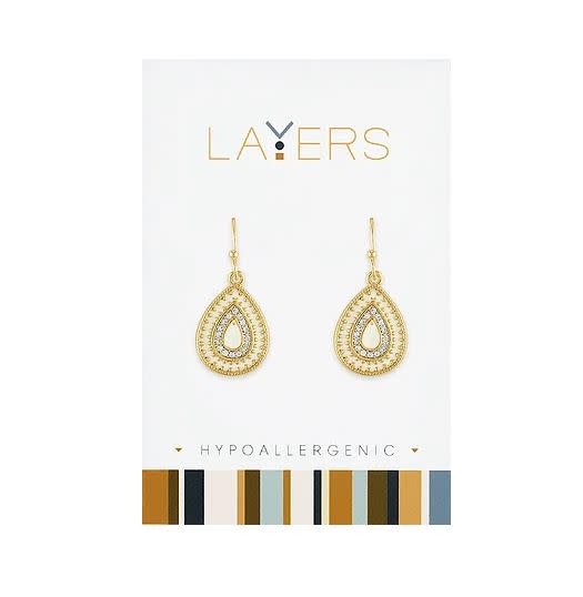 Gold Boho Teardrop CZ Dangle Layers Earrings on a white hypoallergenic display card.