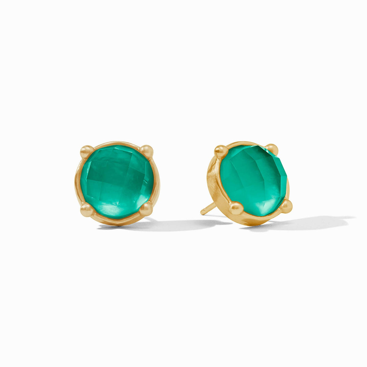 Gold honey stud earring with rose-cut glass gemstone in hammered bezel setting.