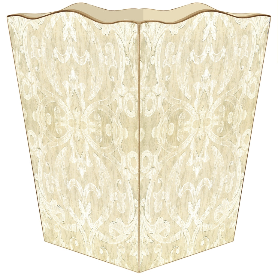 Scalloped top wastepaper basket with a beige and cream damask pattern.